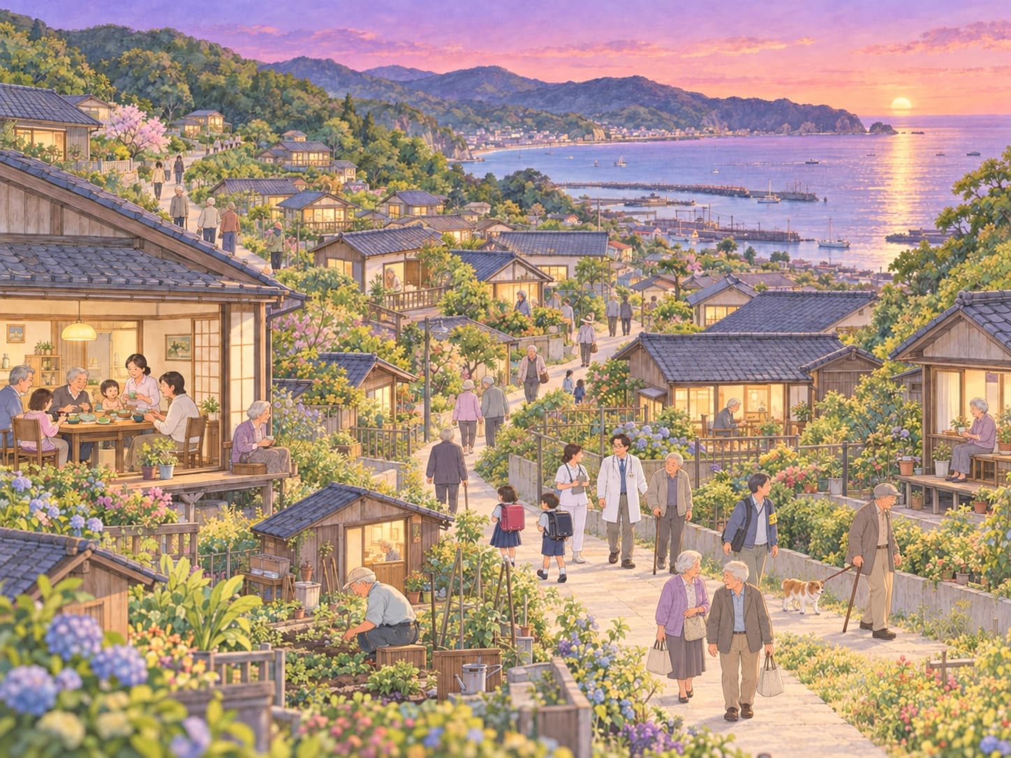 海と山に挟まれた夕暮れの村。白髪の夫婦の散歩、医師と看護師に付き添われて歩くお年寄り、縁側で一人お茶を飲む人、食卓を囲む三世代の家族、庭仕事をする人、犬の散歩
